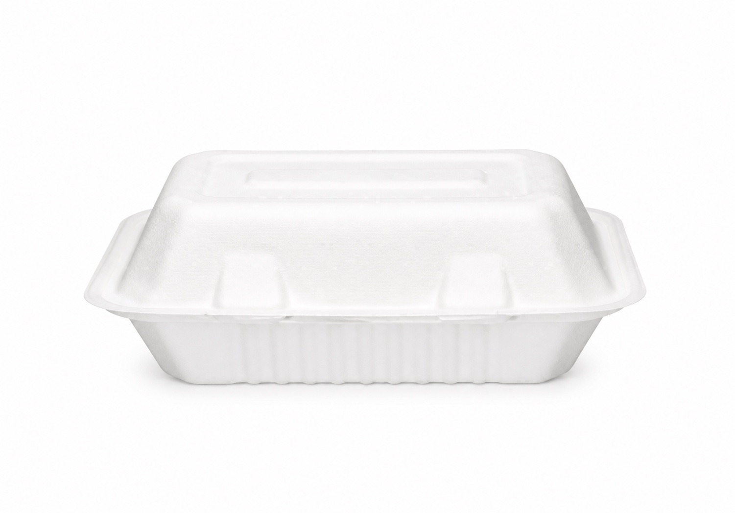 White bagasse clamshell lunch box 9 by 6 inches