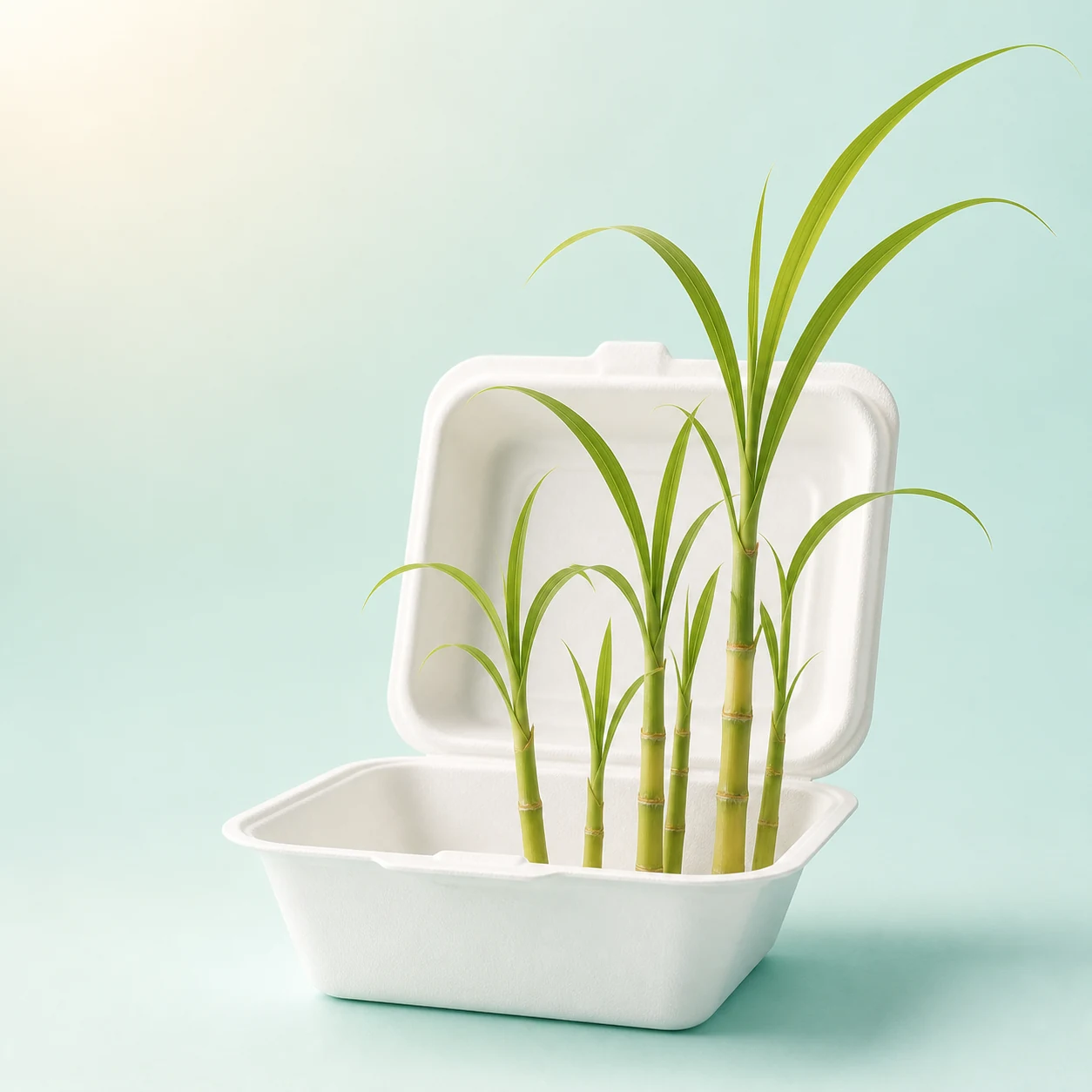 Open white bagasse food box with sugarcane plants