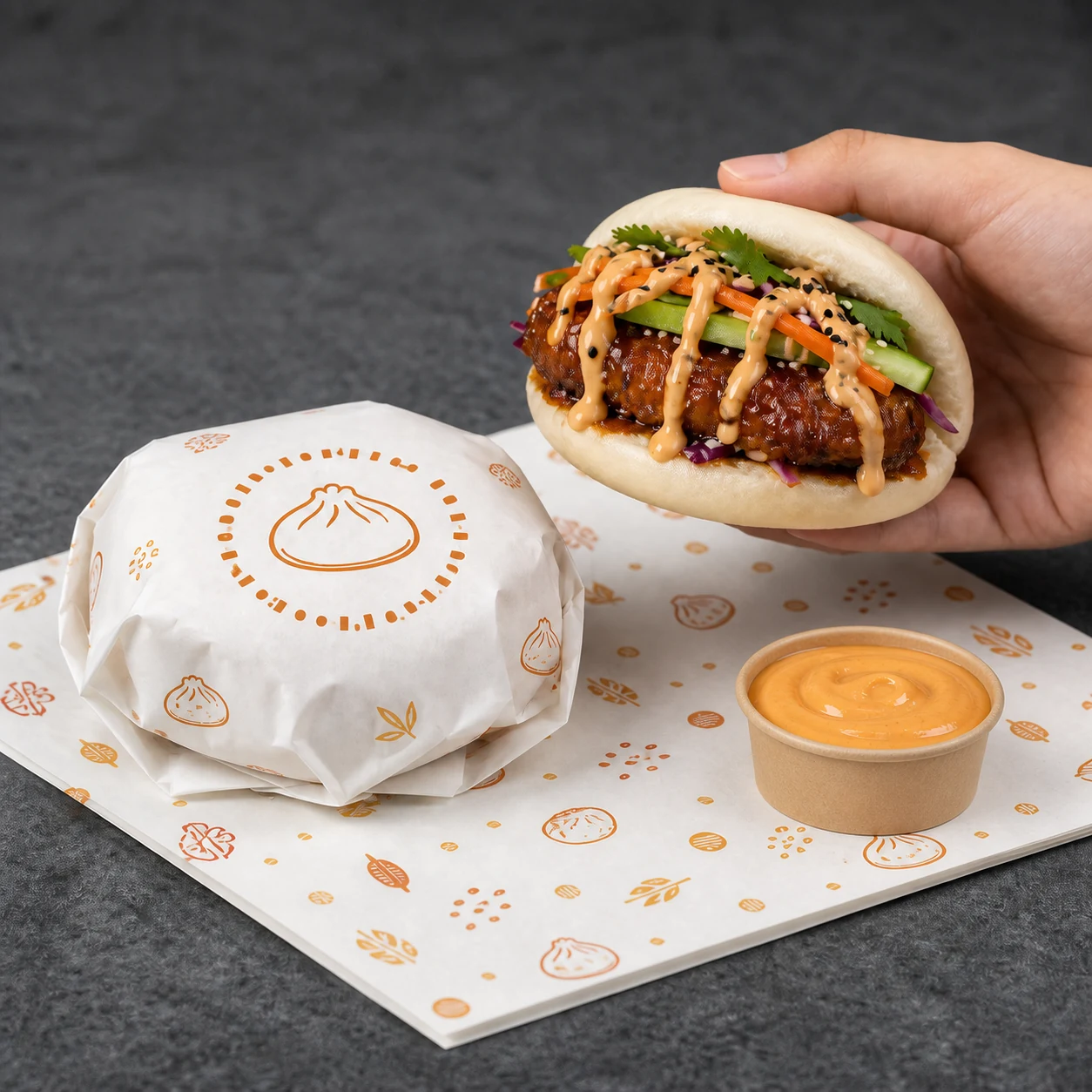 Bao bun takeaway presentation with branded greaseproof paper and sauce cup